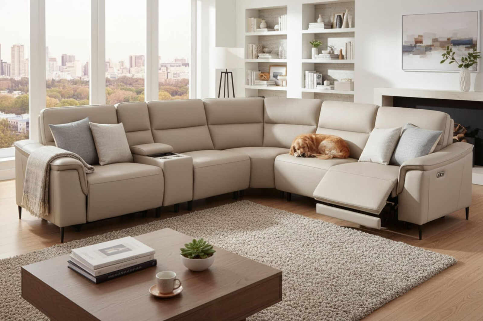 Porto Corner Cinema Console Reclining Sofa Truffle Leather 2+C+2