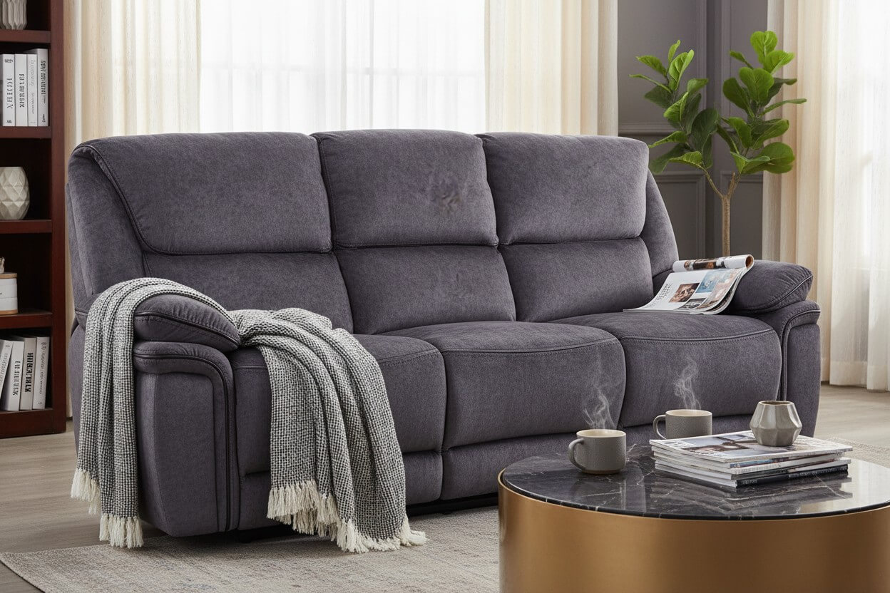 Charcoal grey fabric three-seater reclining sofa with a knitted throw