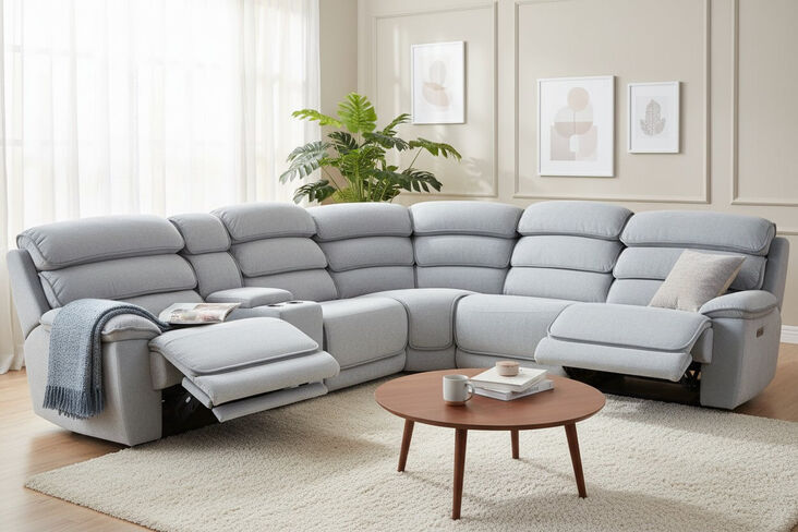 Lakelyn Designer Reclining Power Corner Cinema Sofa 2+C+2 Beige Fabric