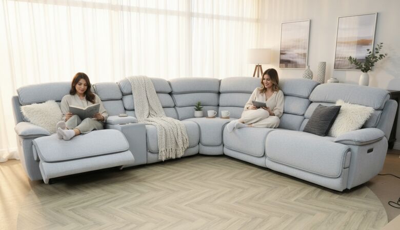 Lakelyn Designer Reclining Power Corner Cinema Sofa 2+C+2 Beige Fabric