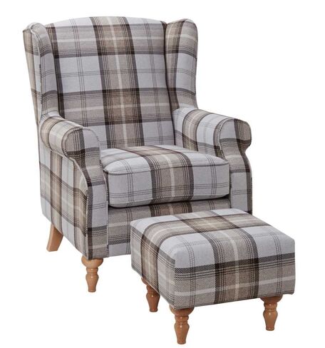 Wing Back Chair Tartan Beige With Footstool