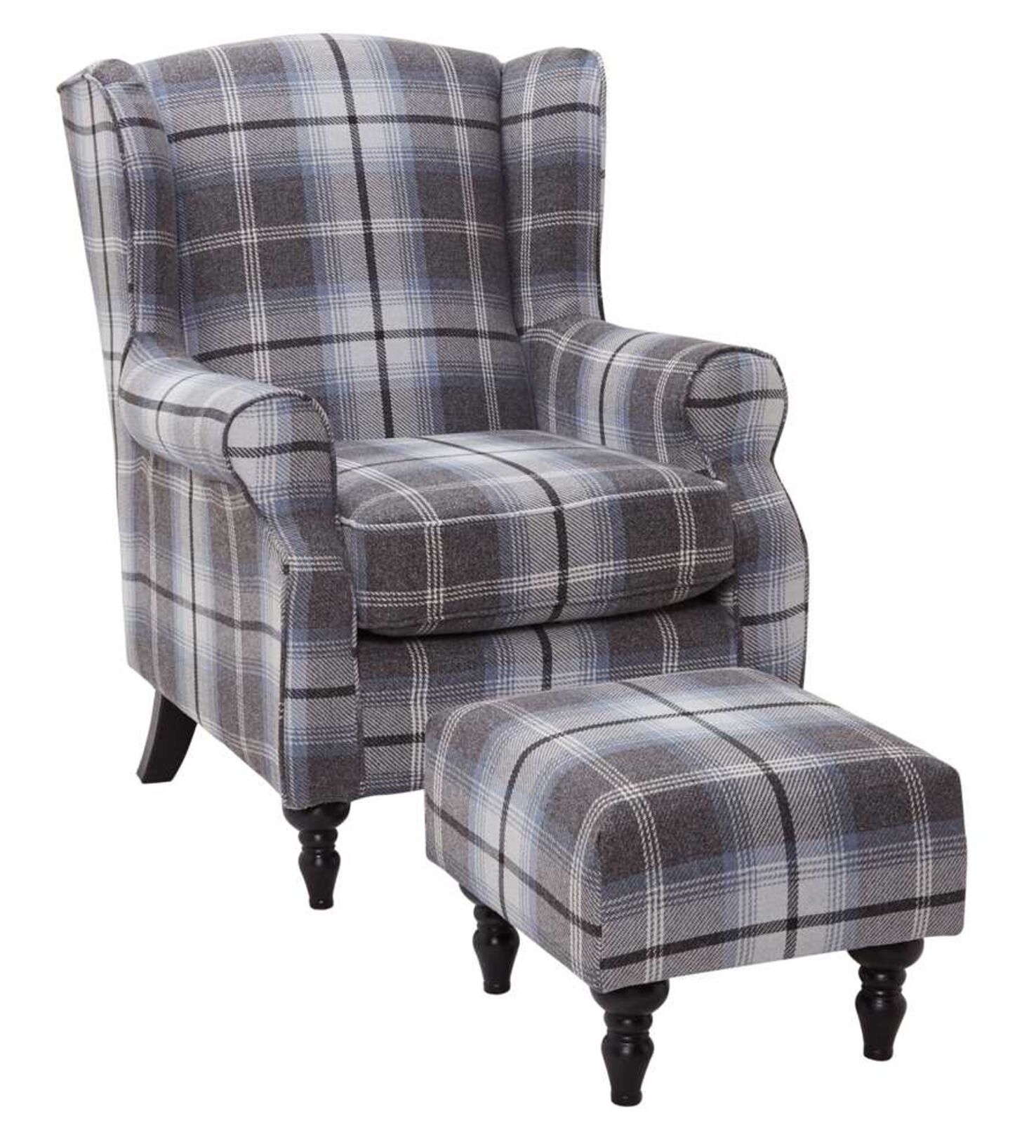 Product photograph of Wing Back Chair Tartan Midnight With Footstool from Designer Sofas 4U