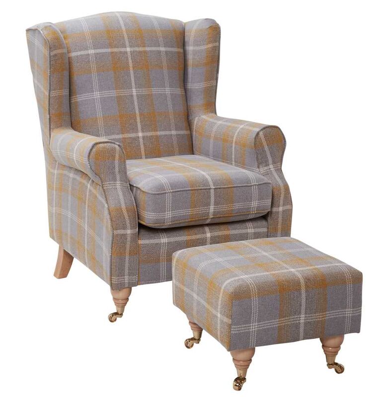 Product photograph of Wing Back Chair Tartan Mustard With Footstool from Designer Sofas 4U