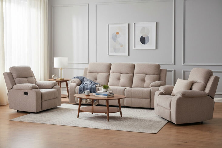 Worrall 3+1+1 Seater Reclining Cinema Console Sofa Beige Fabric