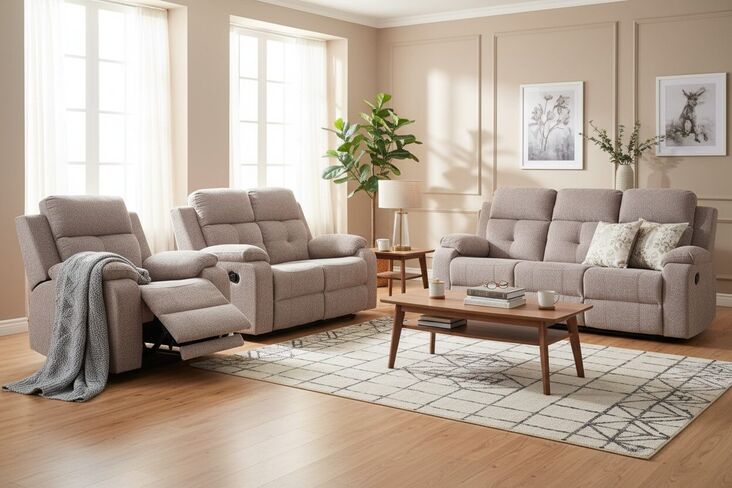 Worrall 3+2+1 Seater Reclining Cinema Console Sofa Beige Fabric