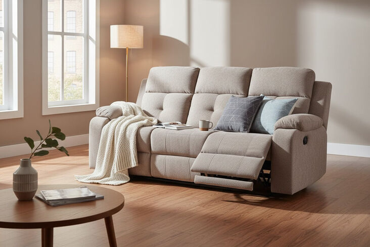 Worrall 3 Seater Reclining Cinema Console Sofa Beige Fabric