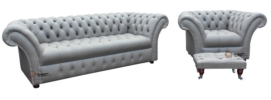 Footstool Sofa Silver Grey Leather, Grey Leather Chesterfield Style Sofa